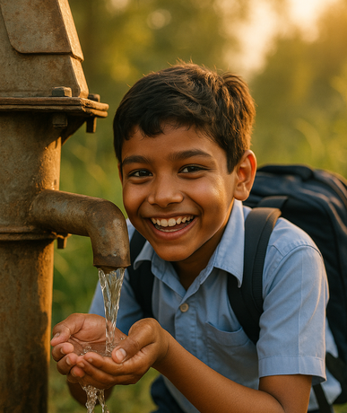 Charity work in Pakistan providing clean water through newly installed hand pumps in rural villages