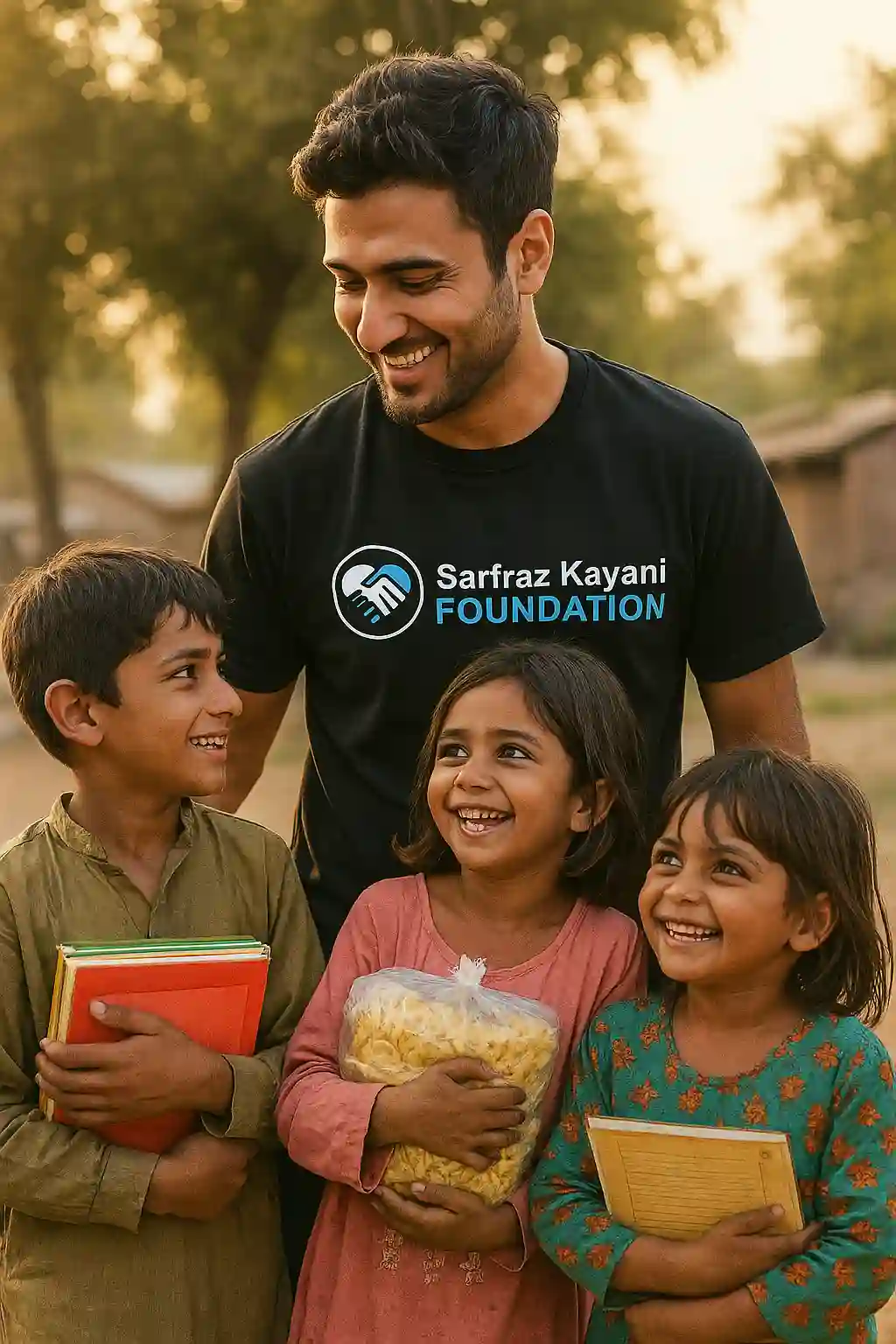 Local volunteers engaged in charity work in Pakistan through the Sarfraz Kayani Foundation
