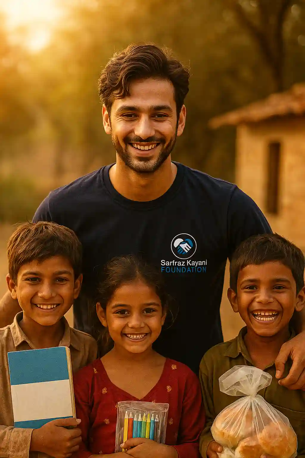 Volunteer standing with happy children and families – Become a Volunteer at Sarfraz Kayani Foundation
