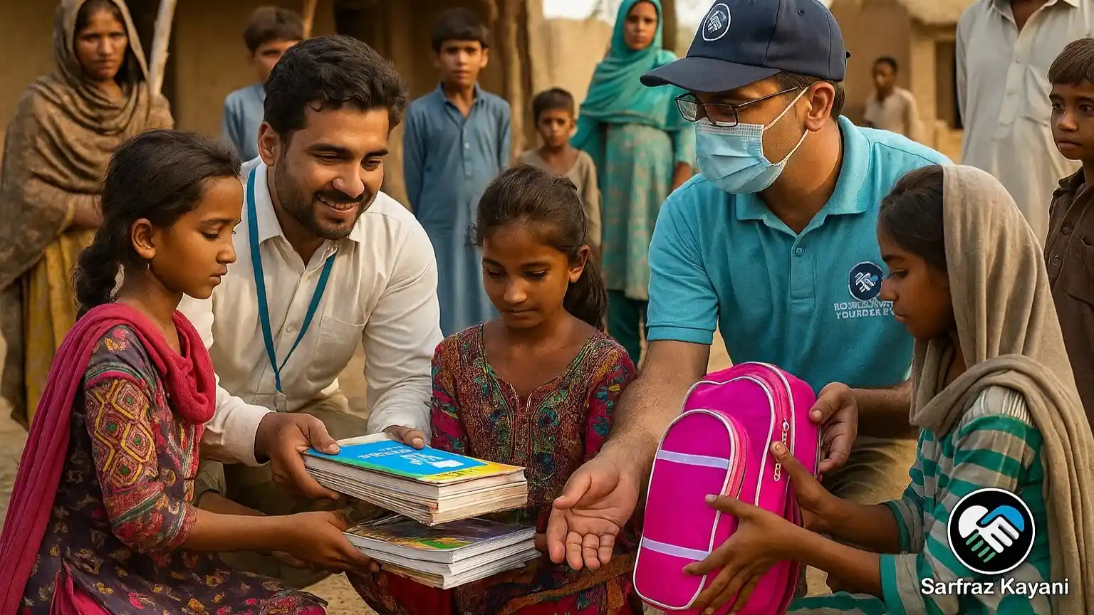 Charity work in Pakistan helping children with free school supplies and educational support
