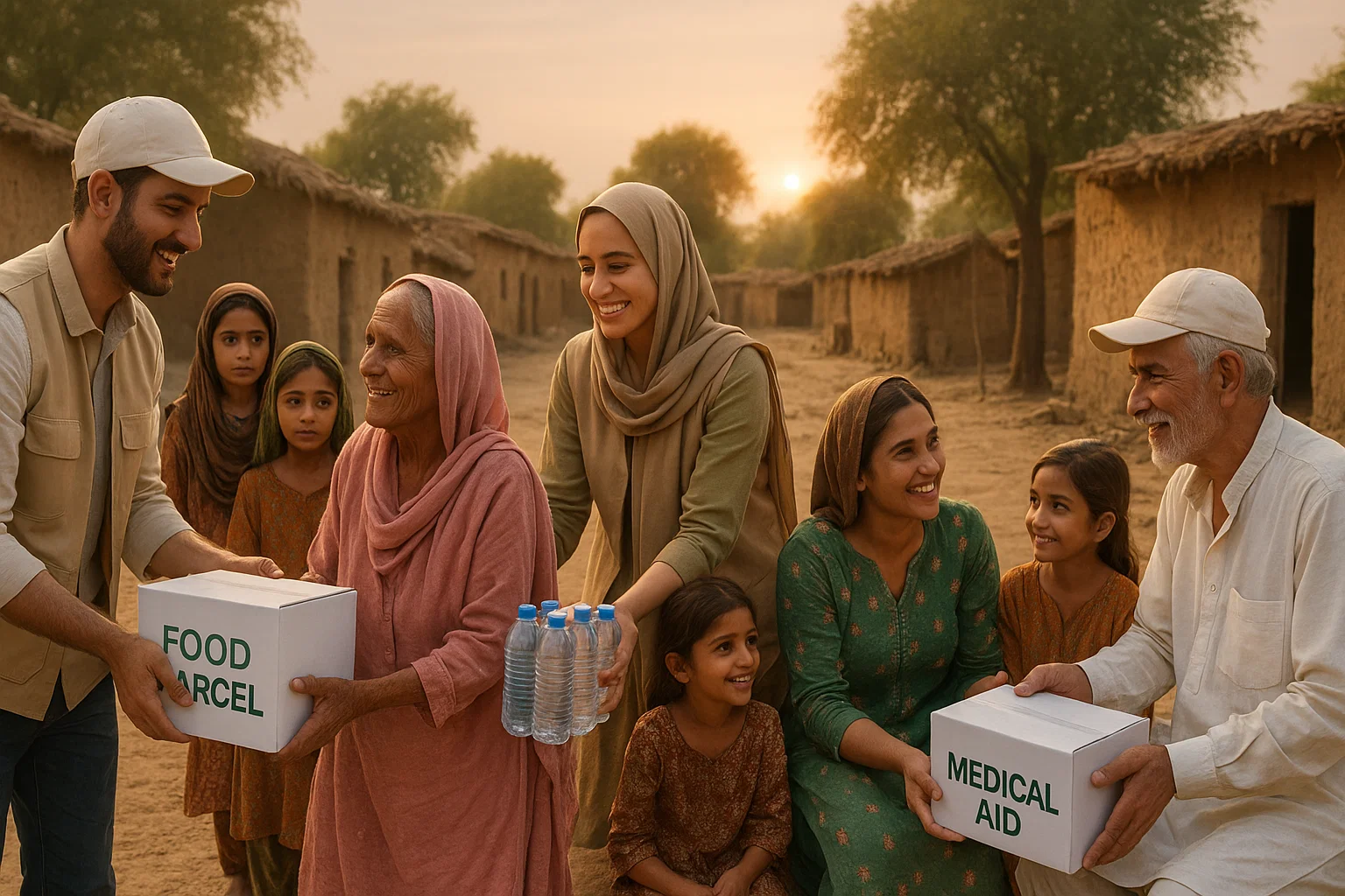 Volunteers doing charity work in Pakistan by distributing food packs to low-income families