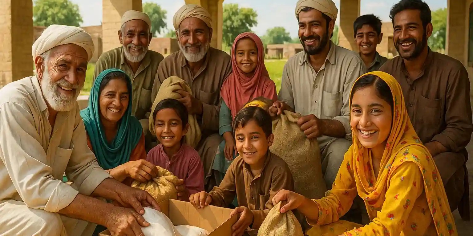 Community food distribution event showing how Sarfraz Kayani Foundation serves those in need